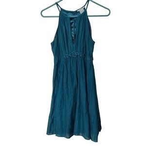 Halter Neck Silk Dress Turquoise Sleeveless Mini Casual Summer Flower Detail Sm